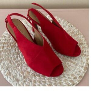 RED SUEDE PEEP-TOE SLING-BACK HEELS